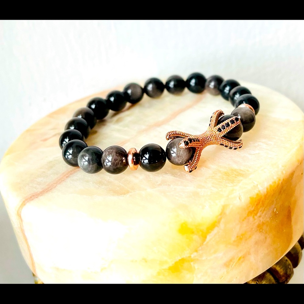 natural silverblack Obsidian RoseGold CZ bracelet